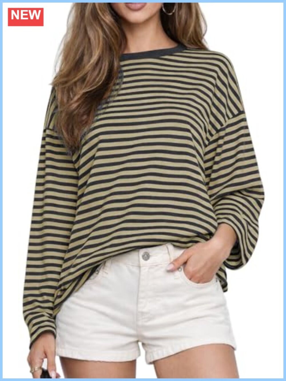 Oversized Striped Long Sleeve Crew Neck T Shirt Casual Fall Top